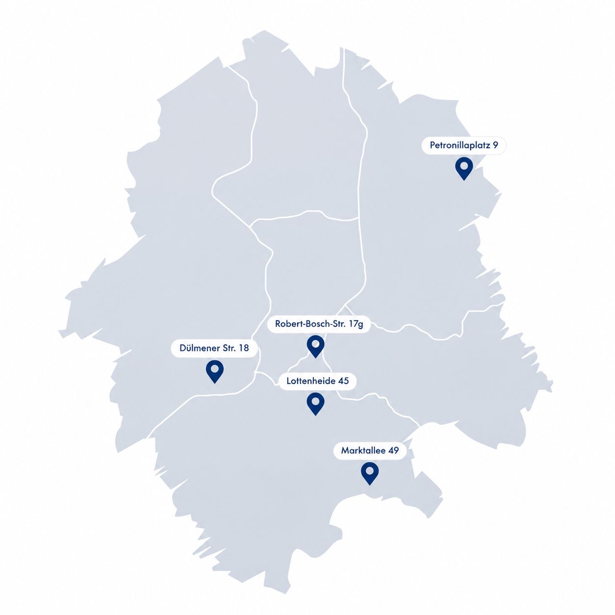 Karte mit fünf Krimphove-Raumstandorten in Münster: Robert-Bosch-Str. 17g, Marktallee 49, Petronillaplatz 9, Loddenheide 45 und Dülmener Str. 18 in Albachten